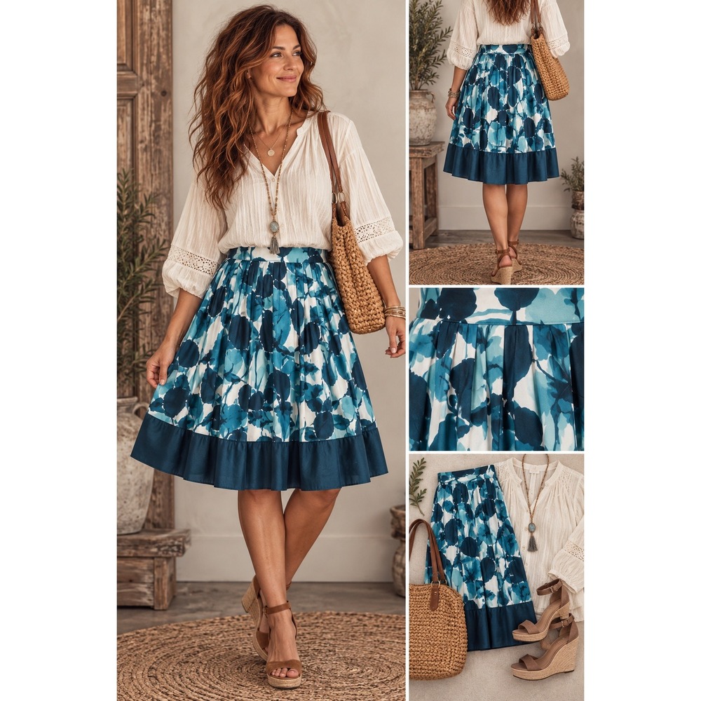 Robin Howe Teal Floral 100% Silk Pleated Midi Skirt Size 4 quiet luxury
